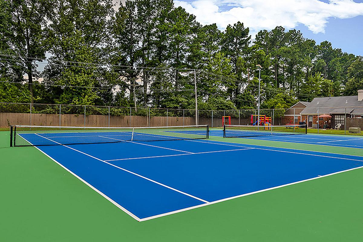 Tennis court surrounded by trees.
