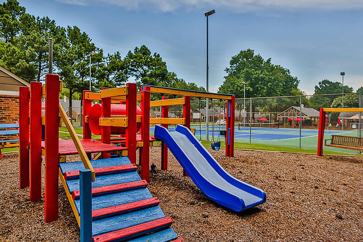 Playground with slides and climbing equipment.
