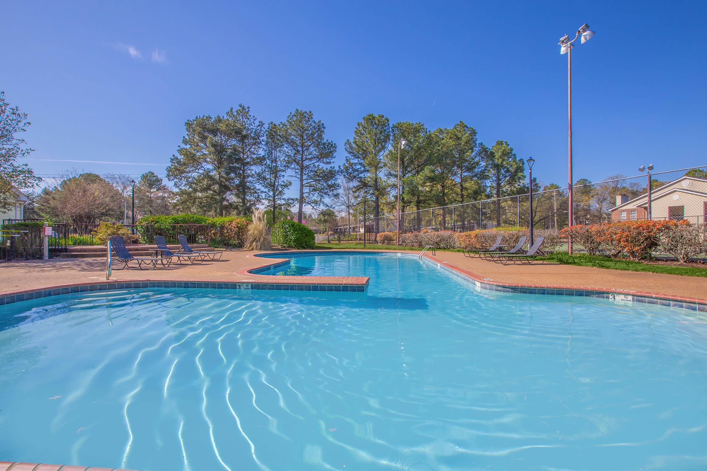 Large swimming pool with brick edging and open space.