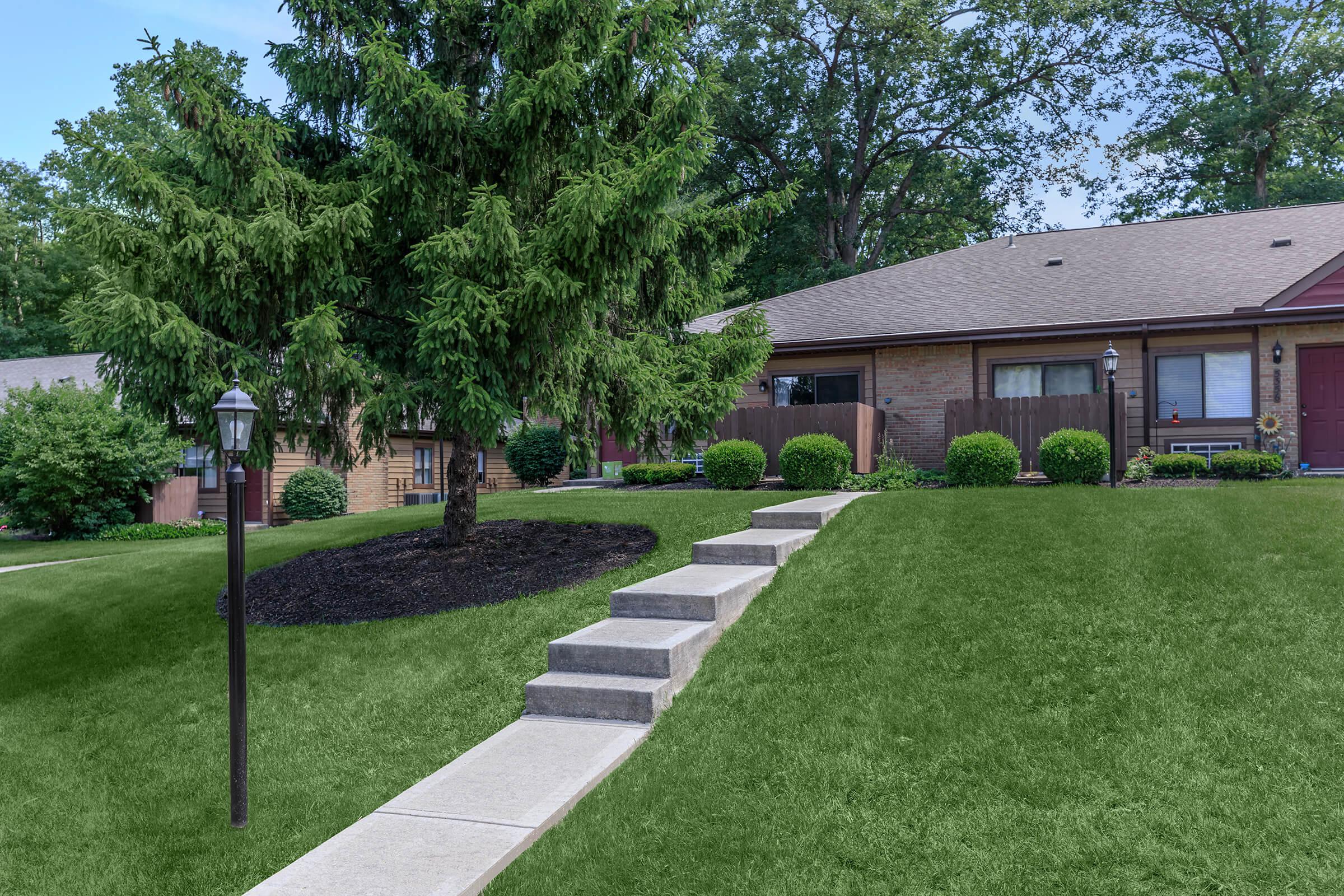 Concrete steps on lawn heading towards building exterior.