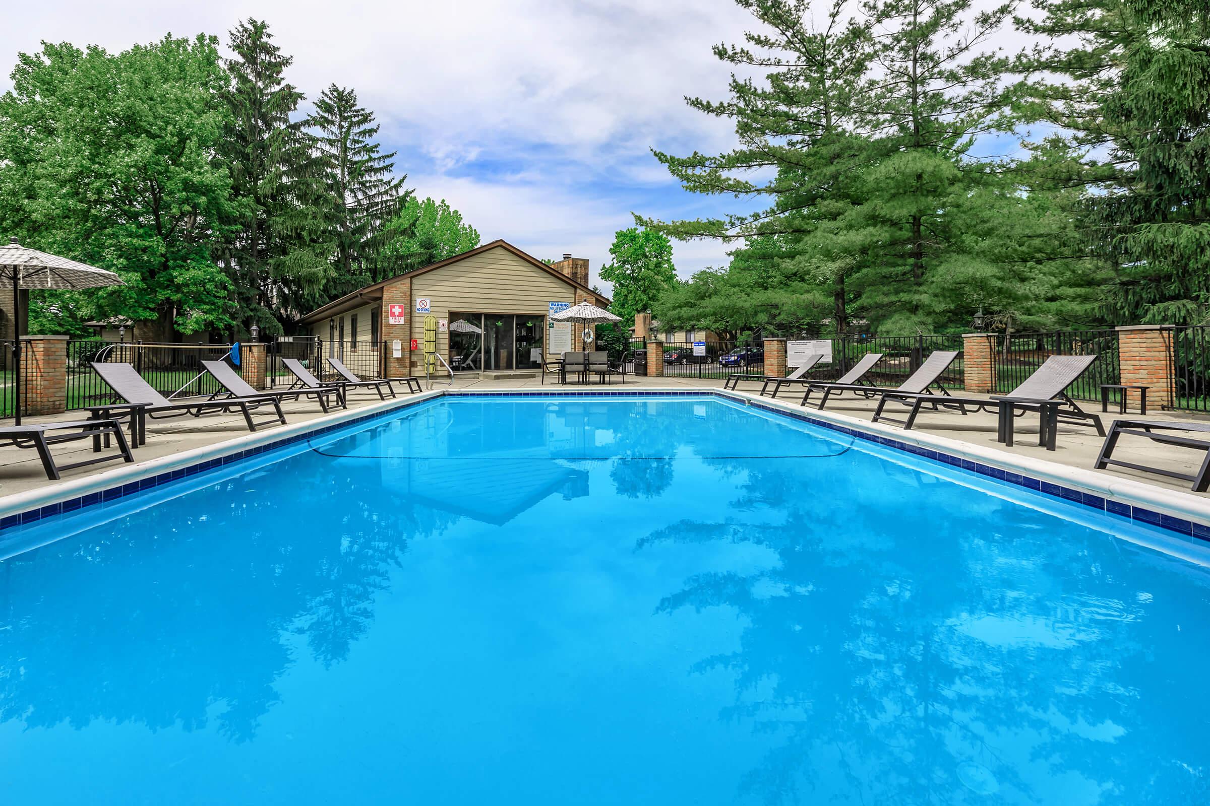 Swimming pool with surrounding seating and greenery.